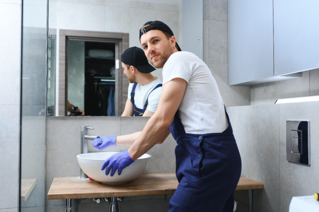 Un homme inspectant le lavabo